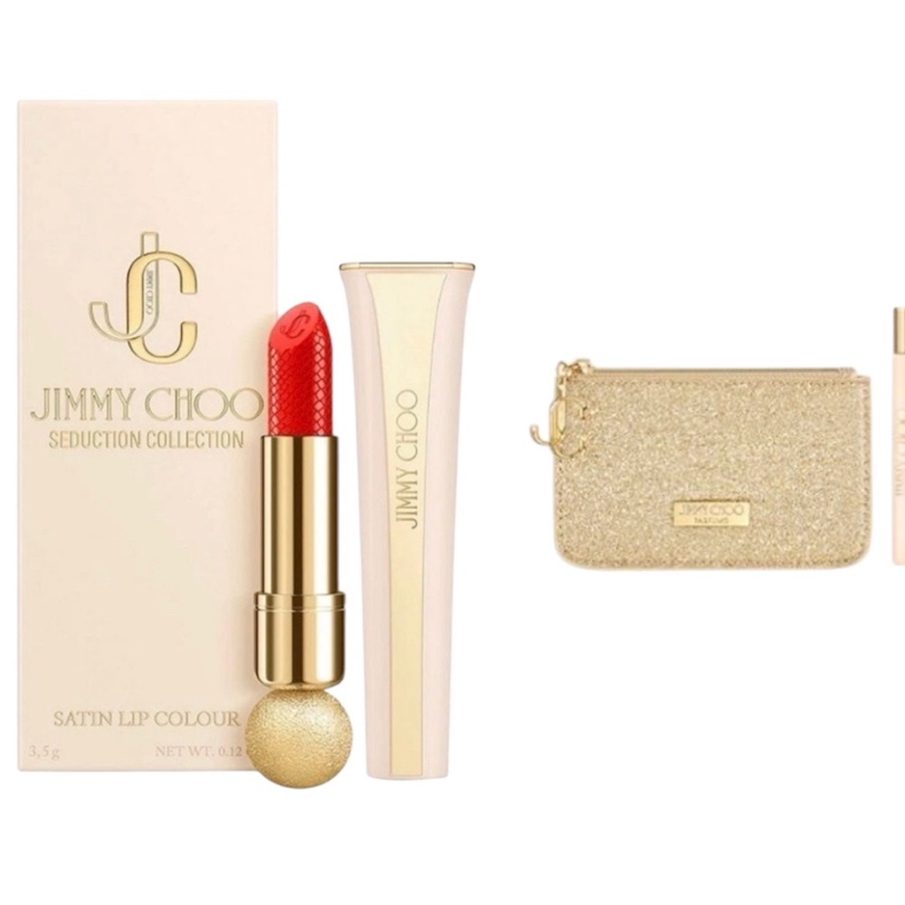 Jimmy Choo Seduction Collection Lipstick Coral Kiss NIB and Gold Glitter Pouch